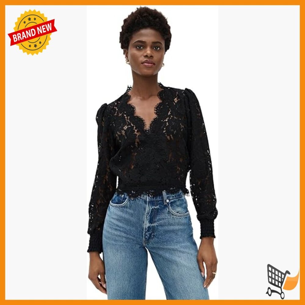 Lace Wrap Blouse with Puff Sleeves, Surplice Neckline, Smocked Waist